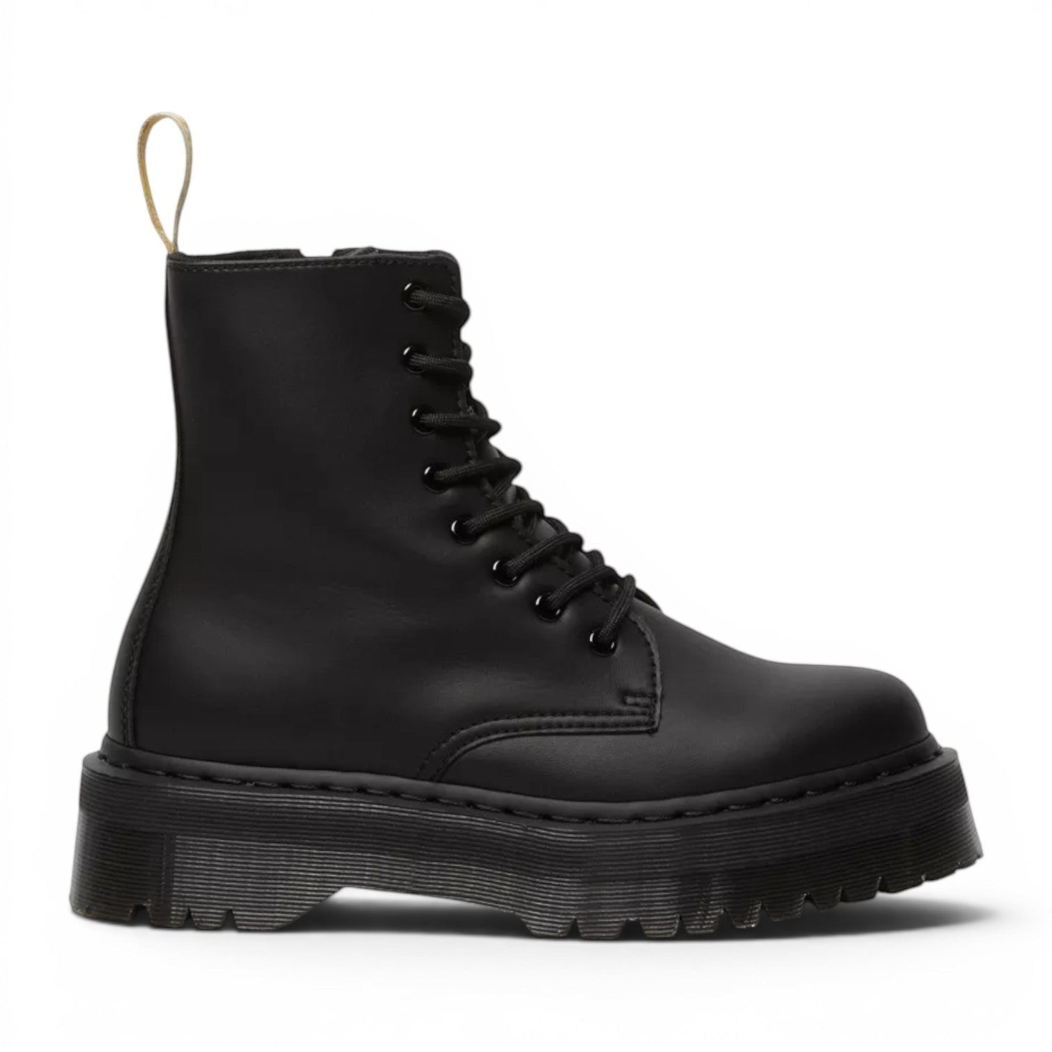 My Store black vegan leather Jadon II Mono platform boots with side zip and yellow heel loop.