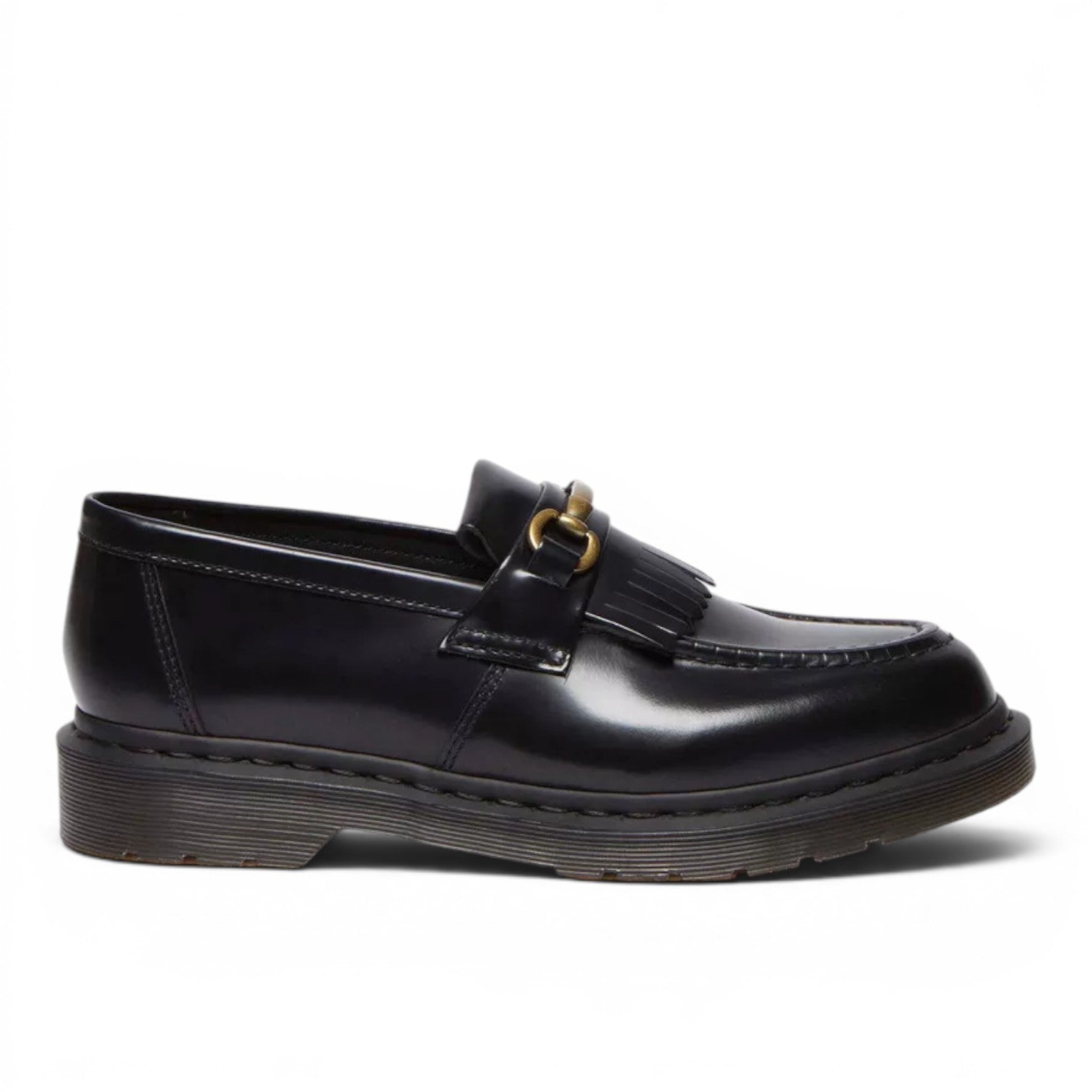 My Store Dr. Martens Adrian Snaffle loafers in black leather with gold hardware and fringe detail.