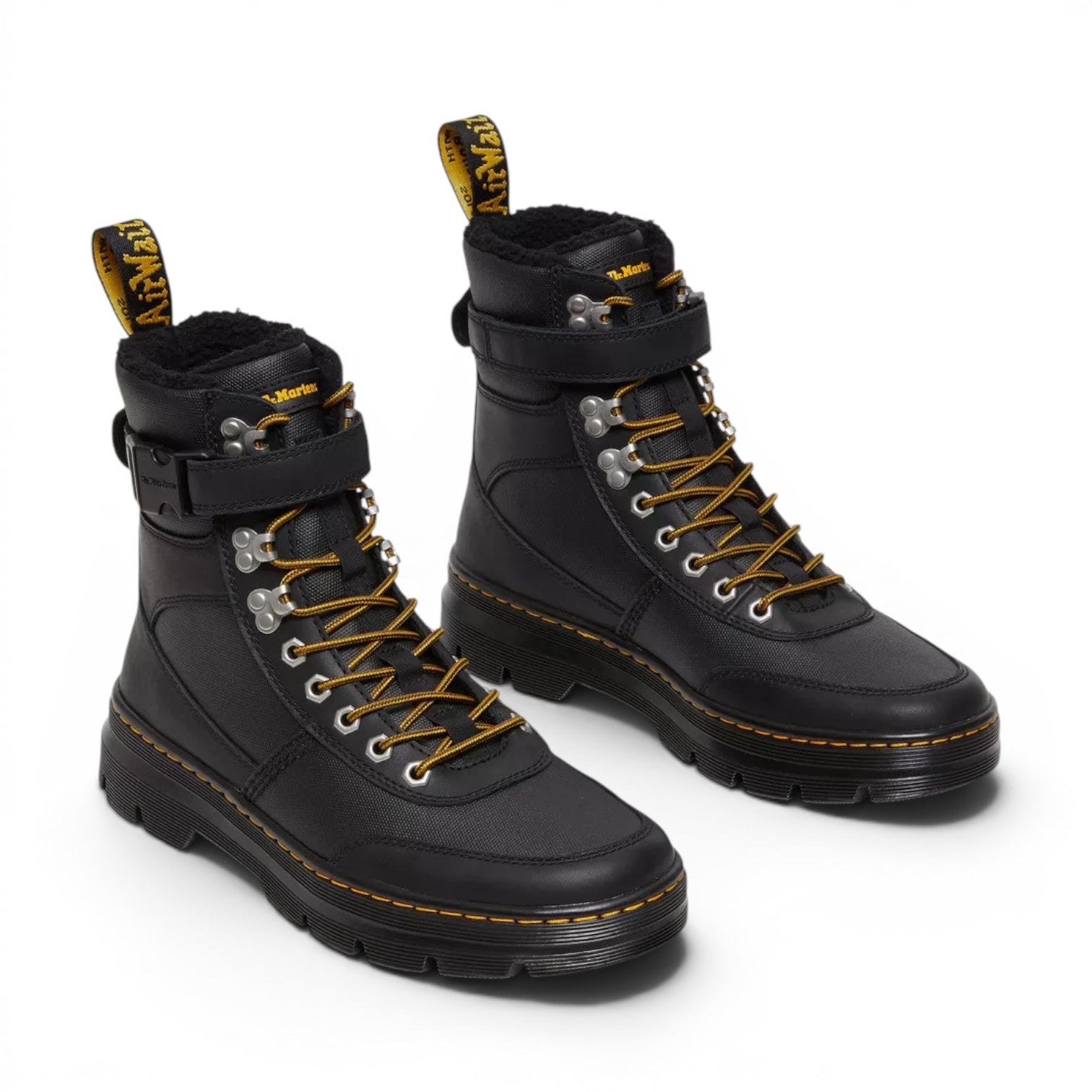 My Store Dr. Martens black faux fur-lined leather and textile hiking boots with yellow laces and buckle strap.