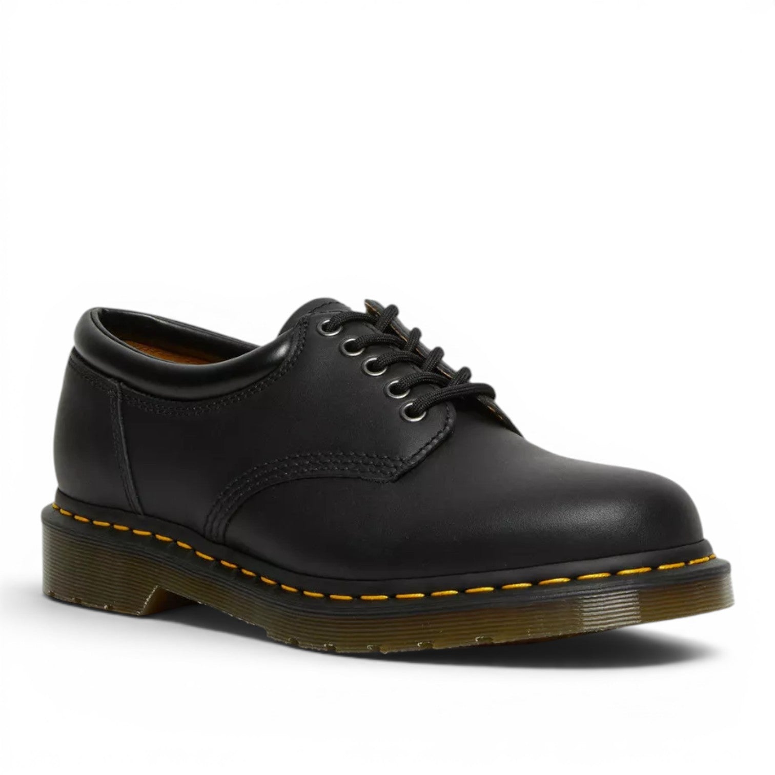 My Store Dr. Martens 8053 Nappa Leather black low-top shoes with yellow stitching and lace-up closure.