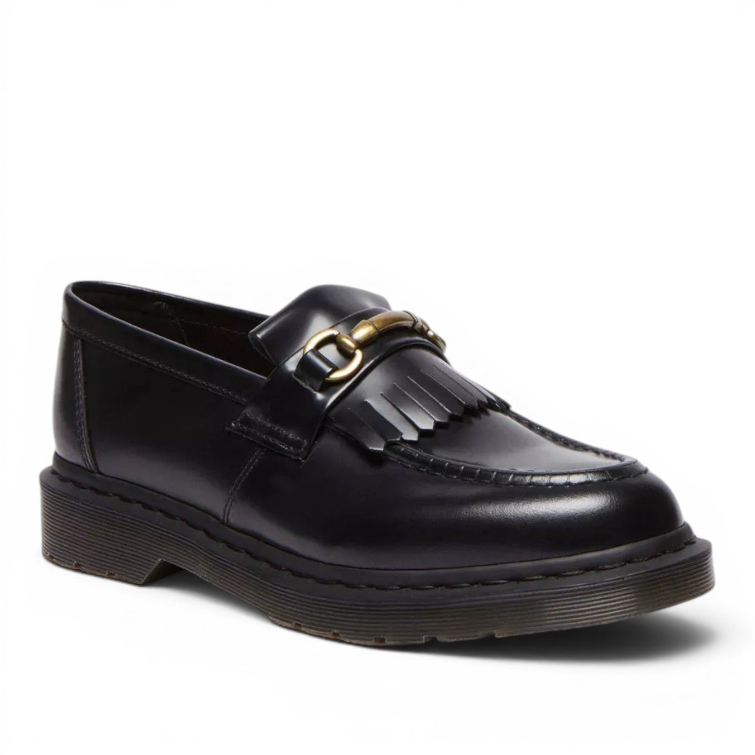My Store Dr. Martens Adrian Snaffle loafers in black leather with gold hardware and fringe detail.