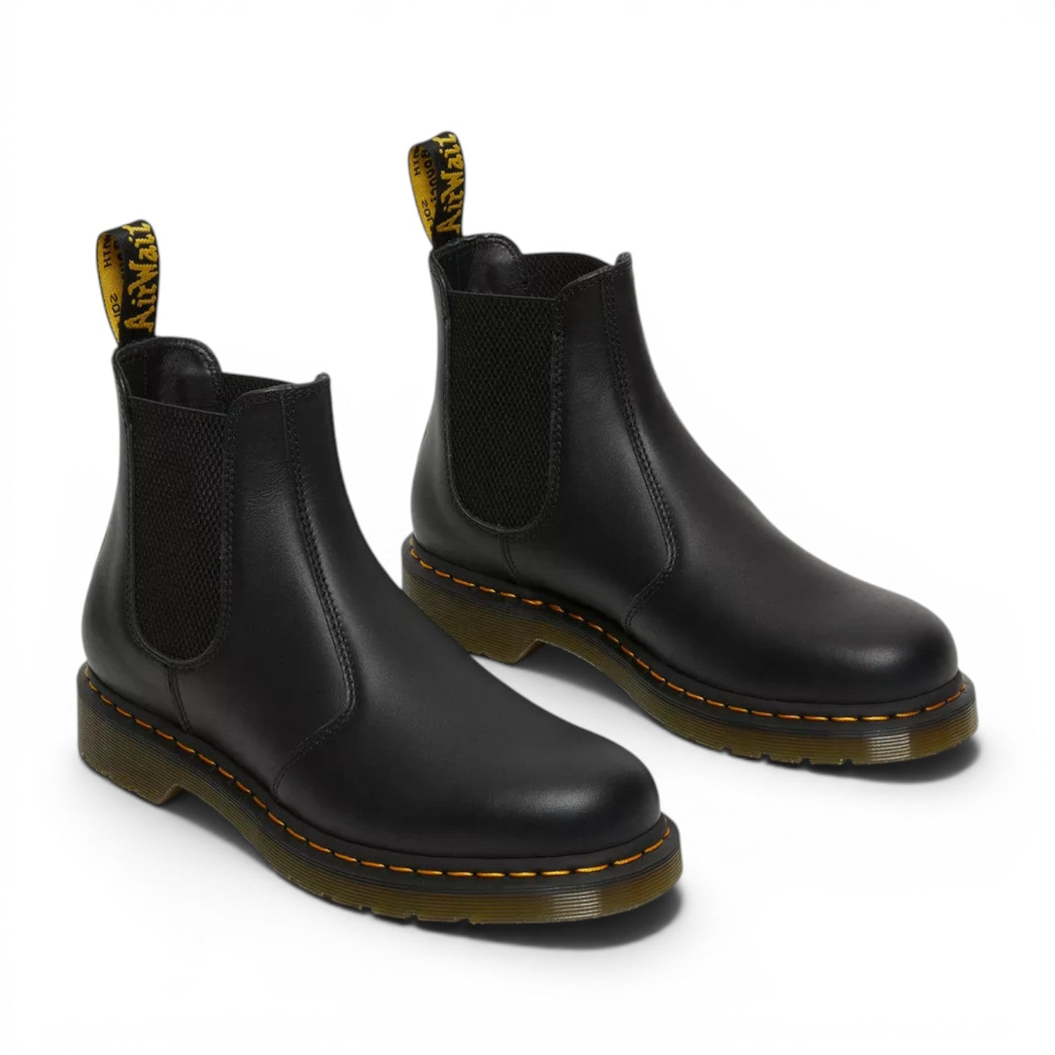 My Store Dr. Martens 2976 Nappa leather black Chelsea boots with yellow stitching and AirWair heel loop.