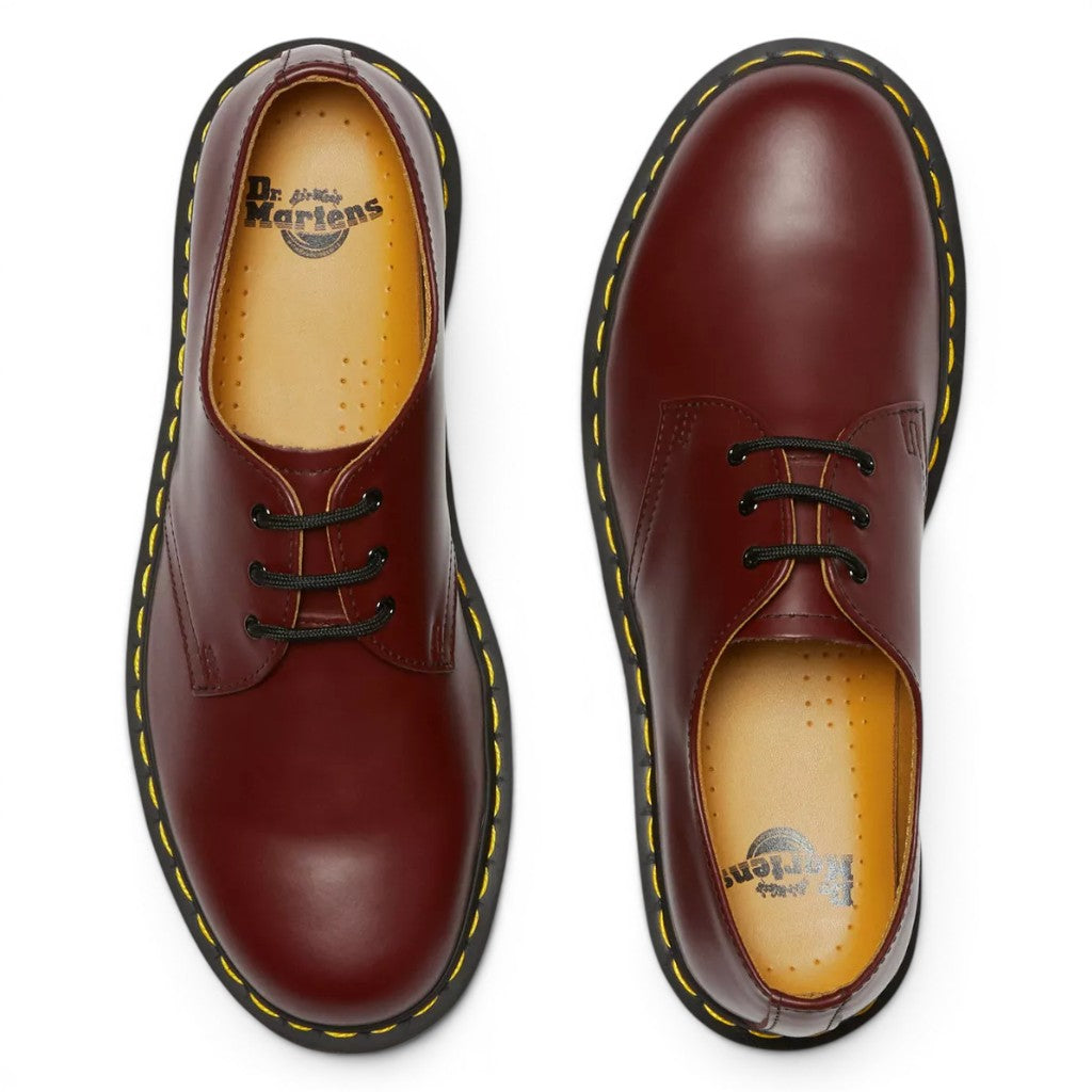 My Store Dr. Martens 1461 Smooth Leather Oxford shoes in burgundy with yellow stitching and black laces.