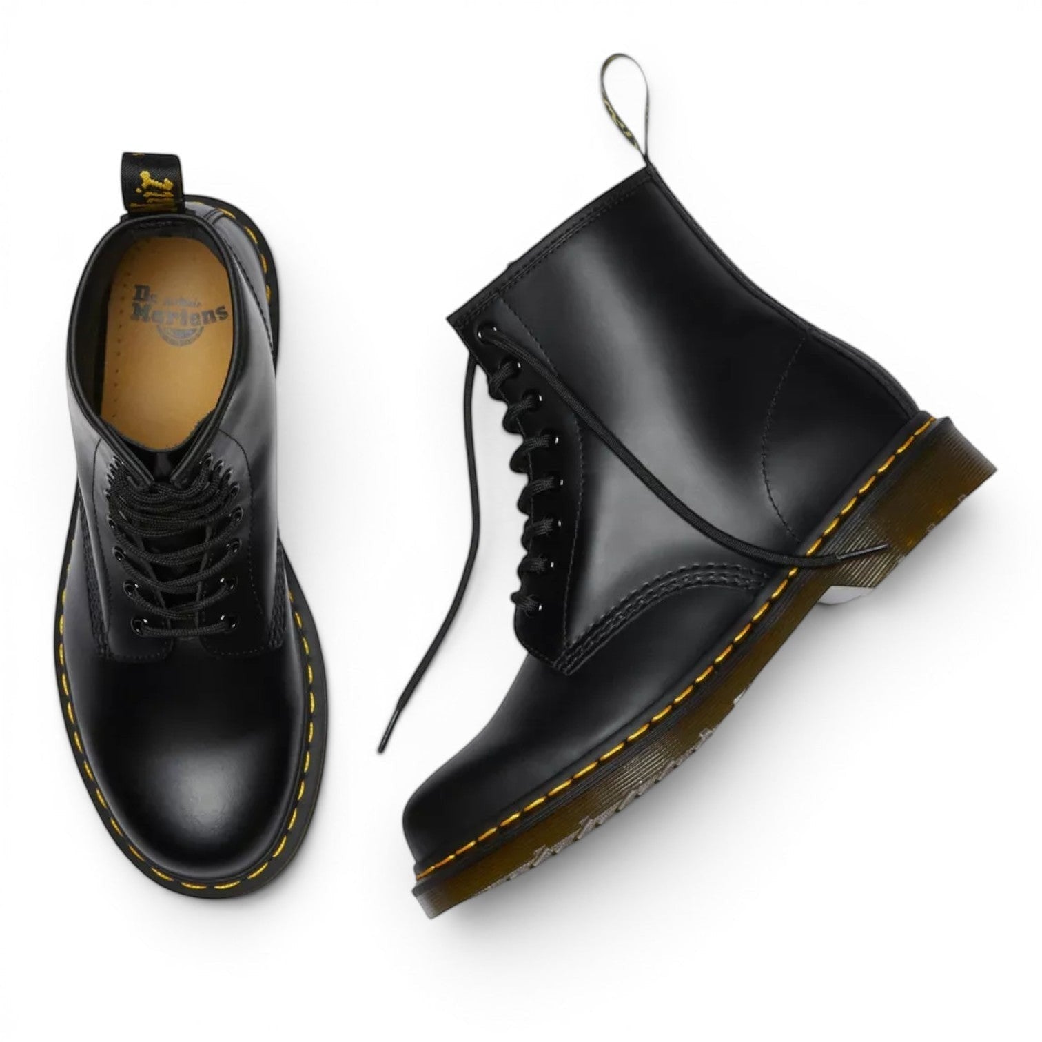 My Store black smooth leather Dr. Martens 1460 lace-up boots with yellow stitching and AirWair heel loop.