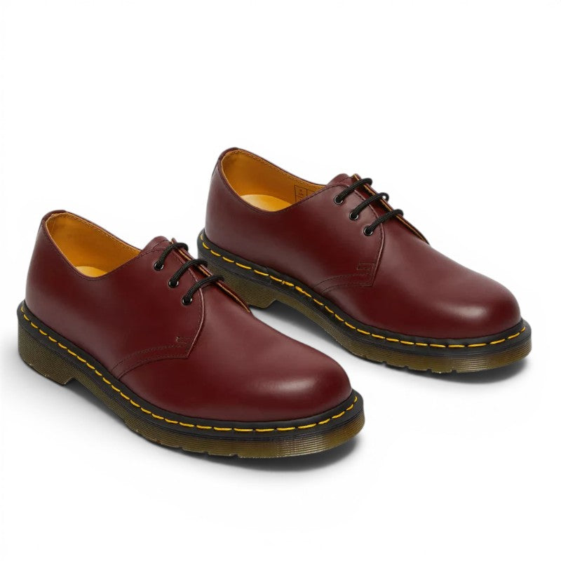 My Store Dr. Martens 1461 Smooth Leather Oxford shoes in burgundy with black laces and yellow stitching.