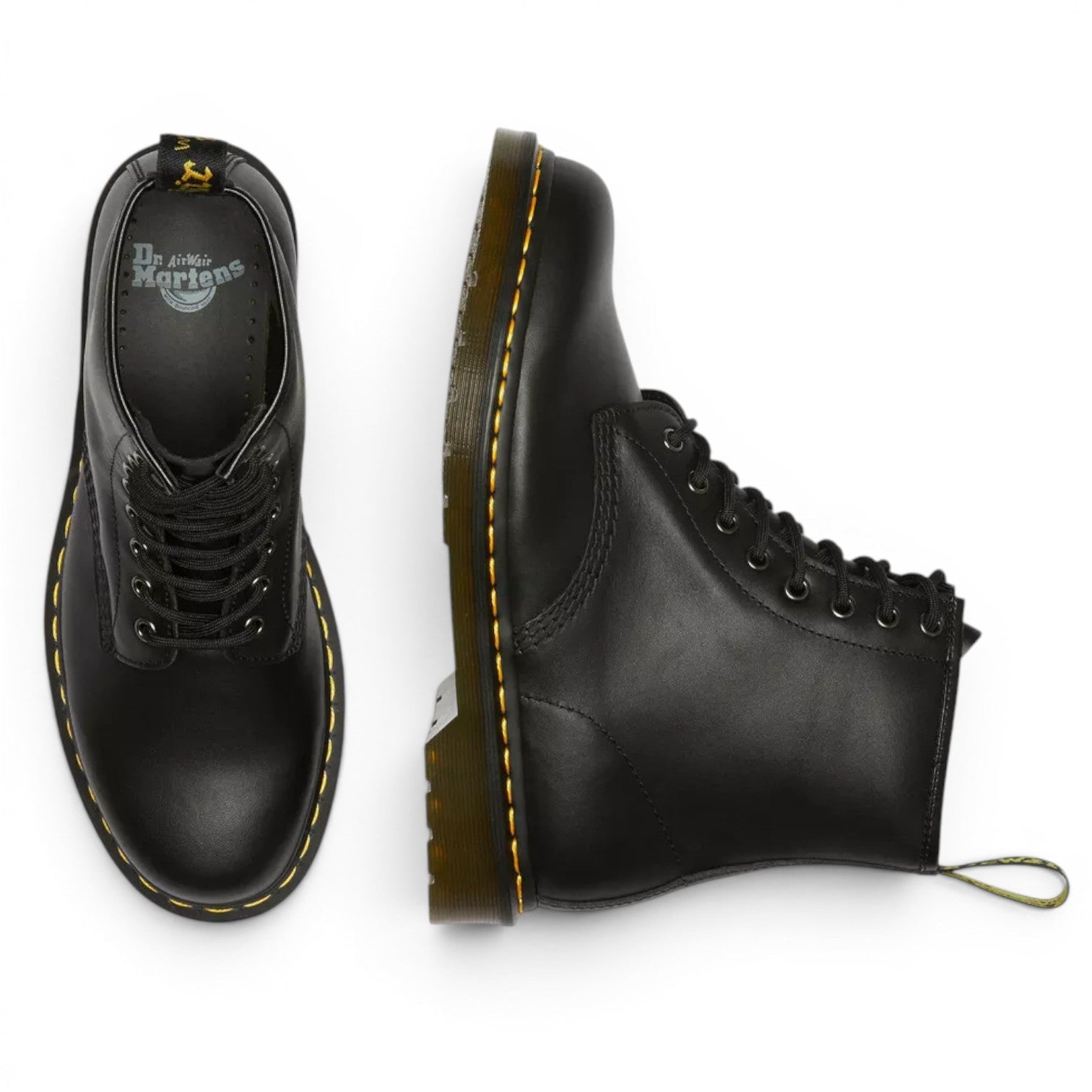 My Store Dr. Martens 1460 Nappa Leather black boots with yellow stitching and AirWair sole.