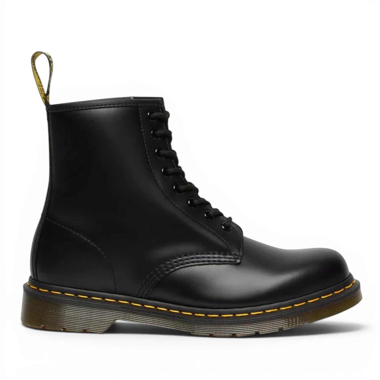 My Store Dr. Martens 1460 Smooth Leather black lace-up boots with yellow stitching and AirWair sole.