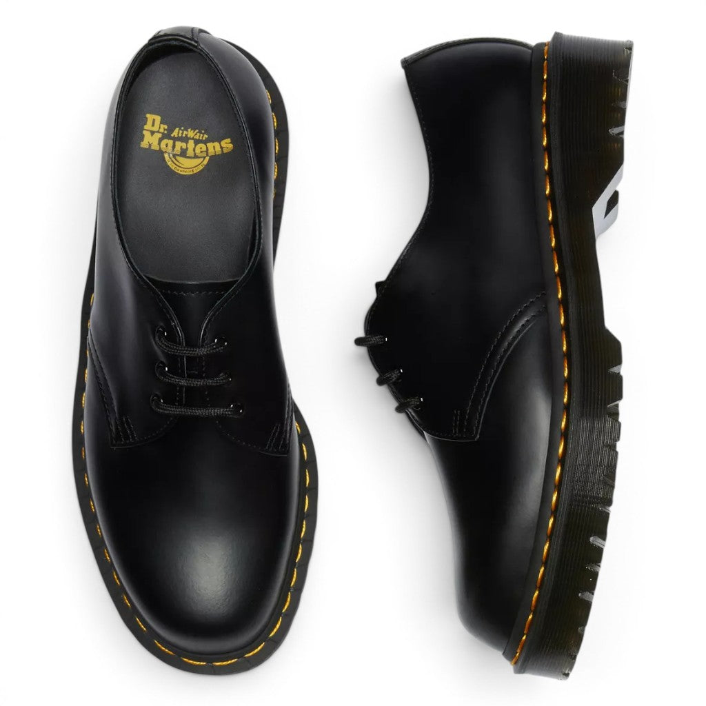 My Store Dr. Martens 1461 Bex black smooth leather shoes with yellow stitching and thick sole.