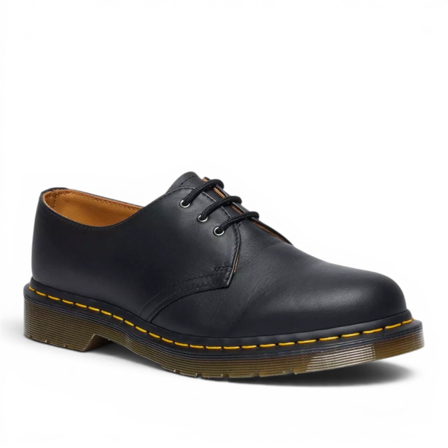 My Store Dr. Martens 1461 Nappa black leather 3-eye shoes with yellow stitching and PVC sole.