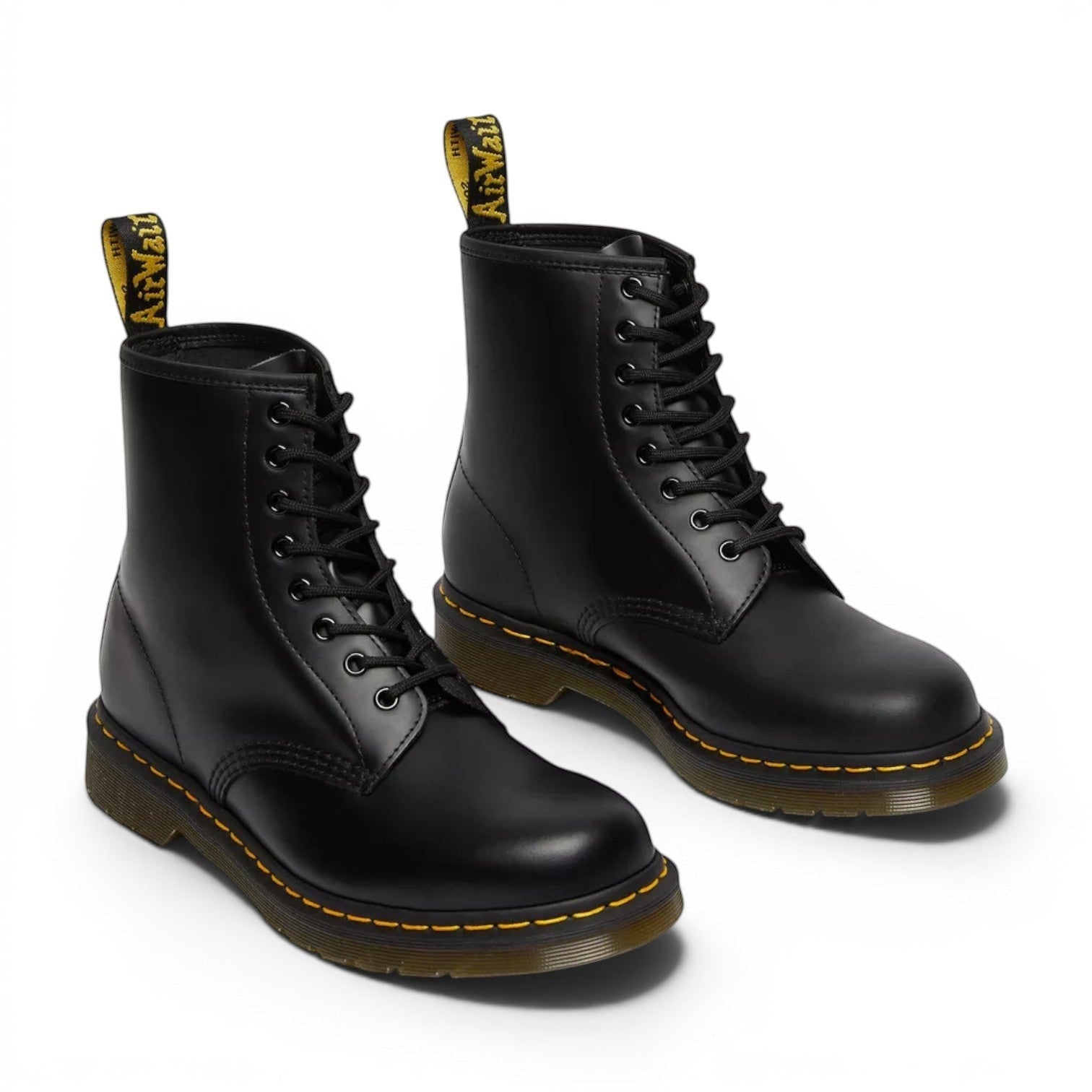 My Store Dr. Martens 1460 smooth black leather lace-up boots with yellow stitching and AirWair heel loops.