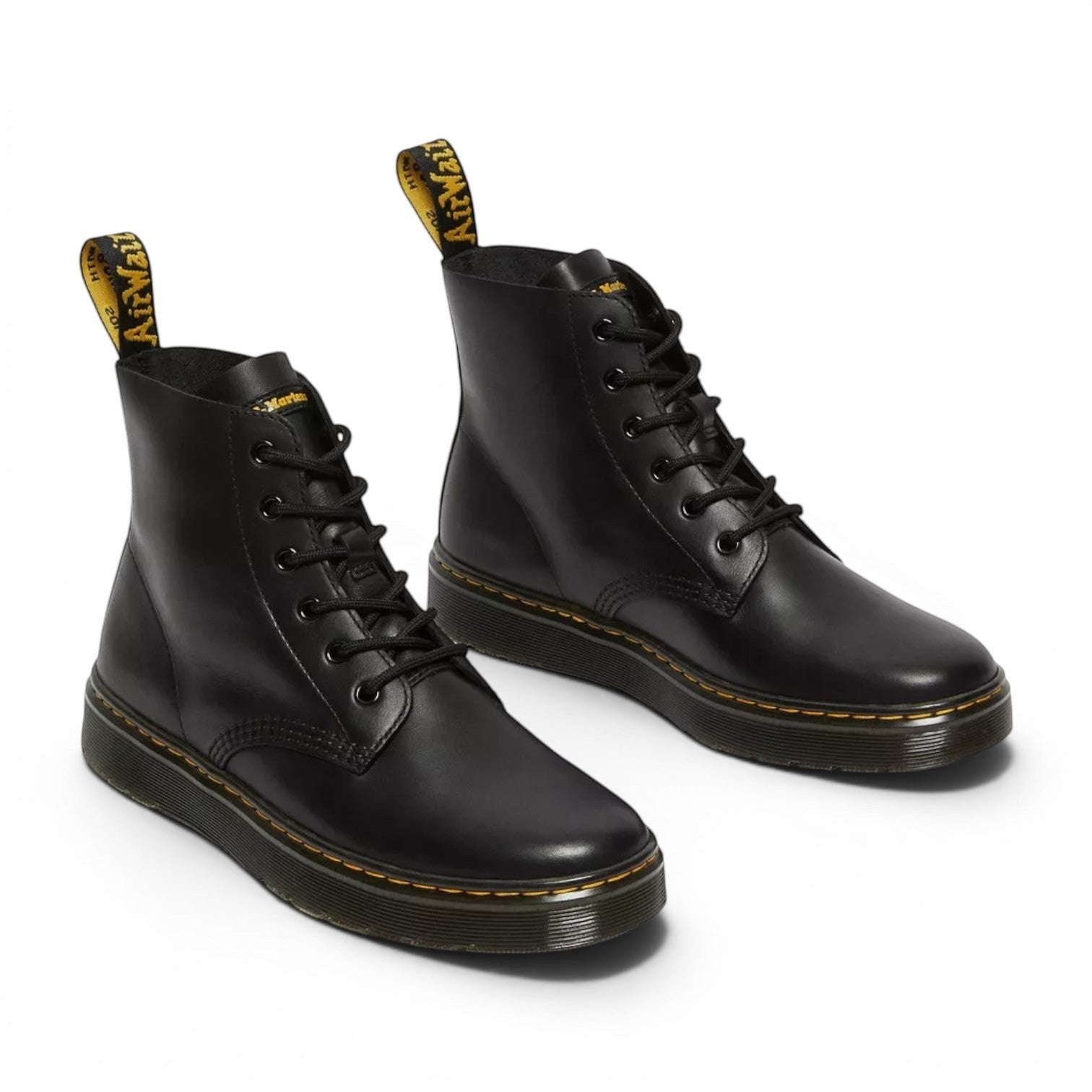 My Store Dr. Martens Thurston Lusso Leather Chukka boots in black with yellow AirWair heel loop and signature yellow stitching.