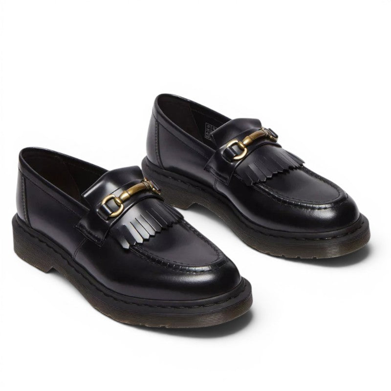 My Store Dr. Martens Adrian Snaffle loafers in black leather with gold hardware and fringe detail.
