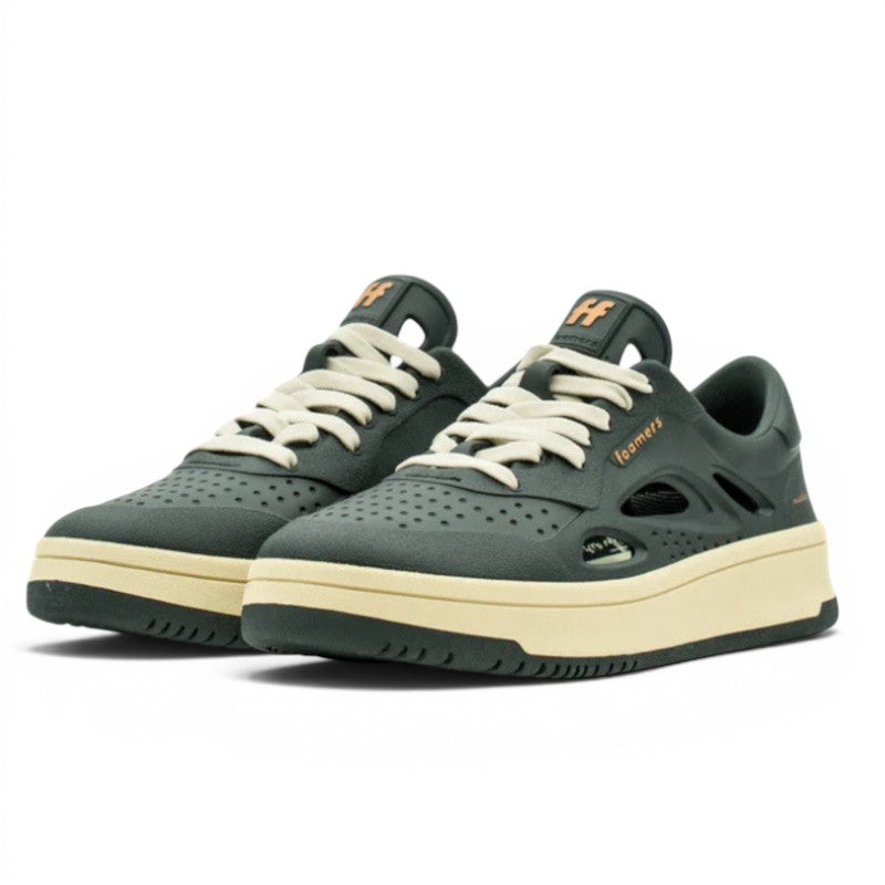 My Store Foamers F1 unisex dark grey technical foam sneakers with beige soles and cream laces.