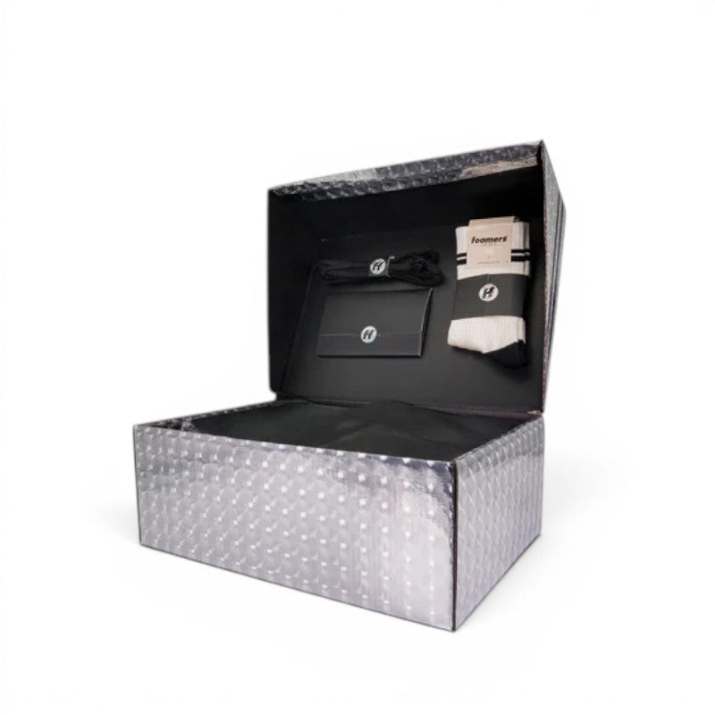 My Store Foamers F1 unisex gift set with white socks, black laces, and a small black wallet inside a textured silver box.