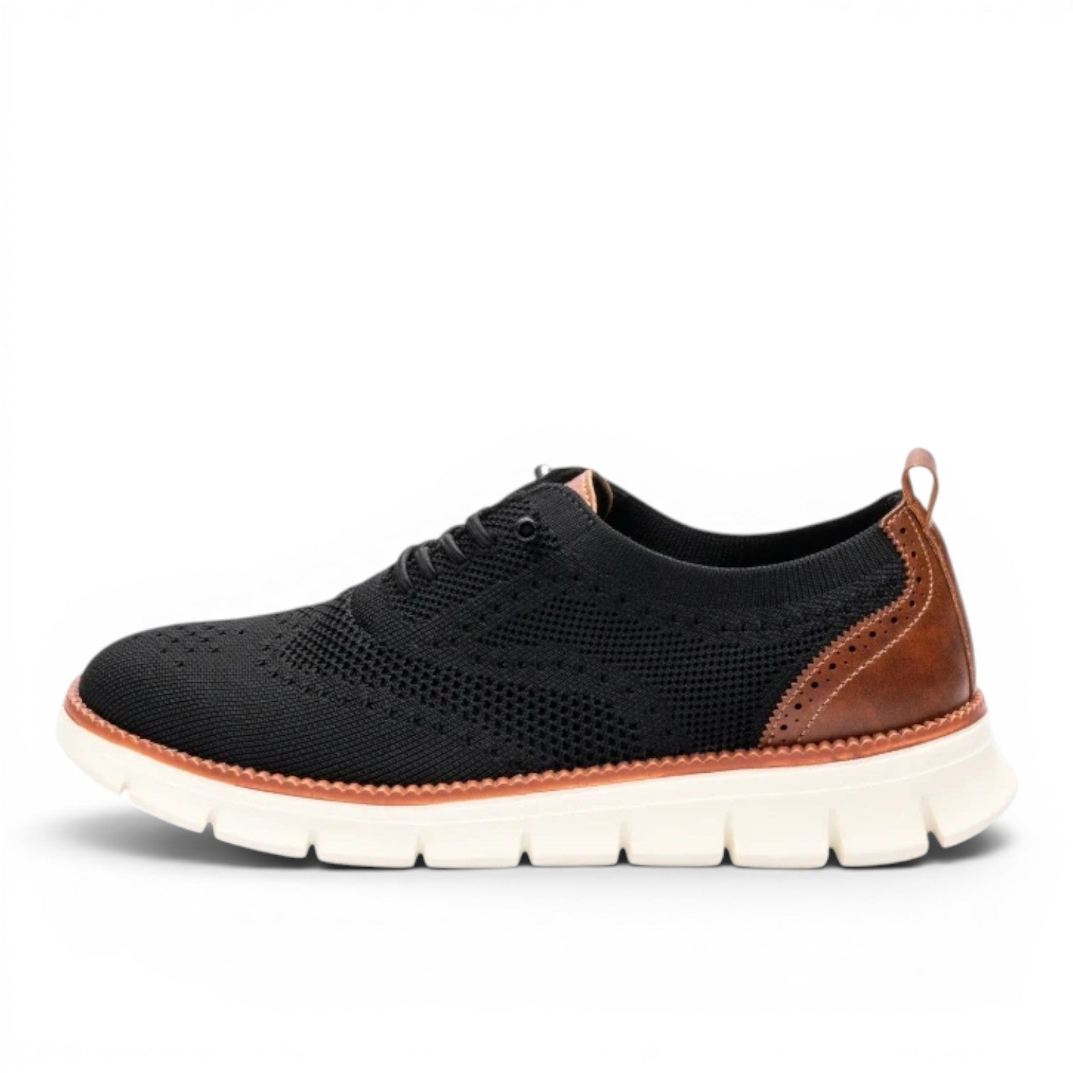 ShoeShop black knit oxford shoes with brown leather accents and white sole. Breathable, elastic fabric with brogue details.