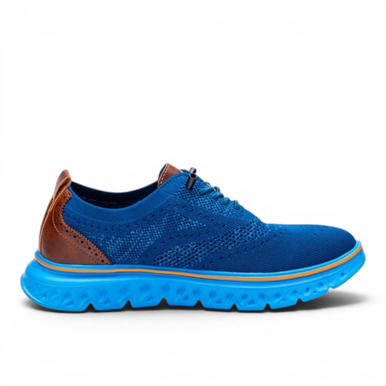 ShoeShop blue knit sneaker with brown leather accents and a bright blue sole. Features a perforated design and elastic laces.