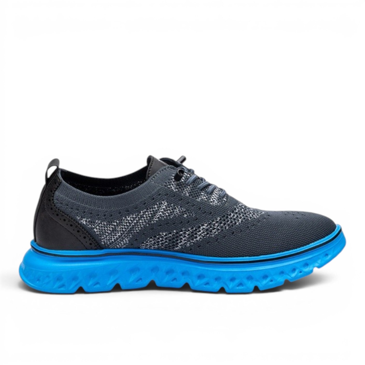 ShoeShop dark grey knit sneaker with blue sole and black accents. Features a textured knit upper and a contrasting bright blue chunky sole.