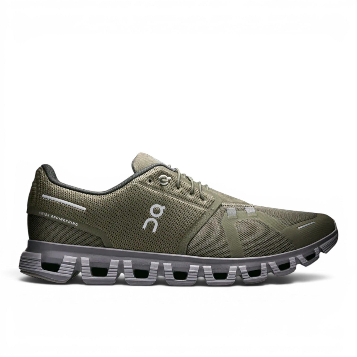 ShoeShopHere olive green ON Cloud 6 running shoes with grey sole and white logo. Made with recycled polyester.