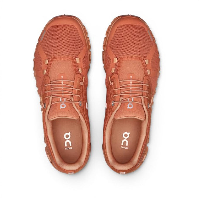 ShoeShopHere orange recycled polyester ON Cloud 6 running shoes with Zero-Gravity CloudTec cushioning and Speedboard plate.