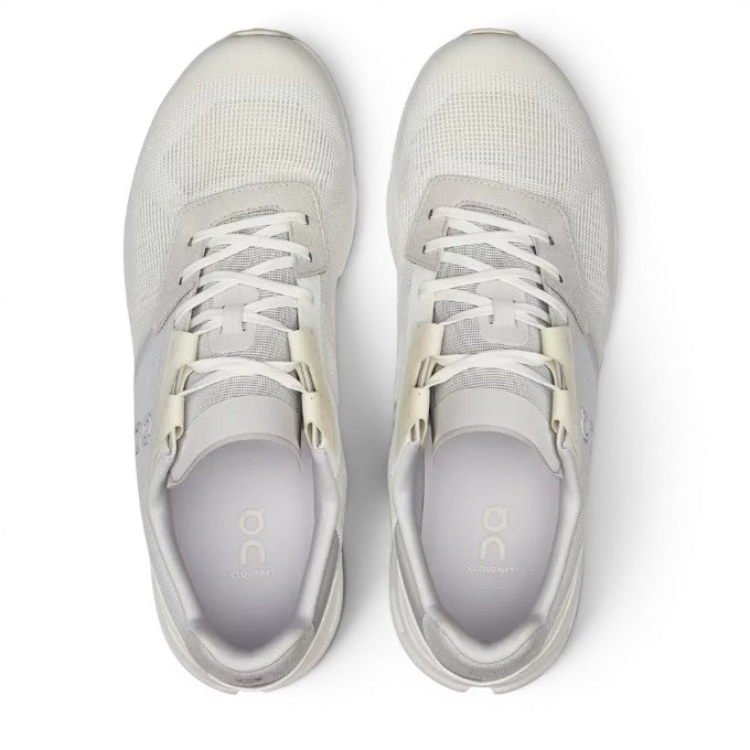 ShoeShopHere white mesh and suede ON Cloud - Clouddrift sneakers with white laces and light beige accents.