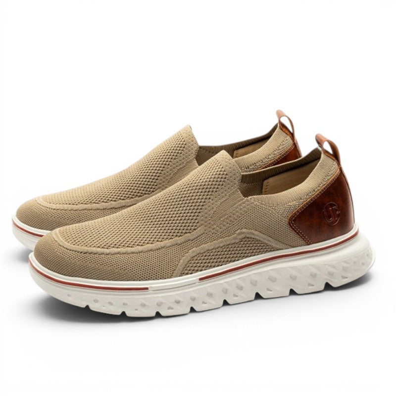 ShoeShop Uncle Paul JUSS tan knit slip-on sneakers with brown leather accents and white soles.