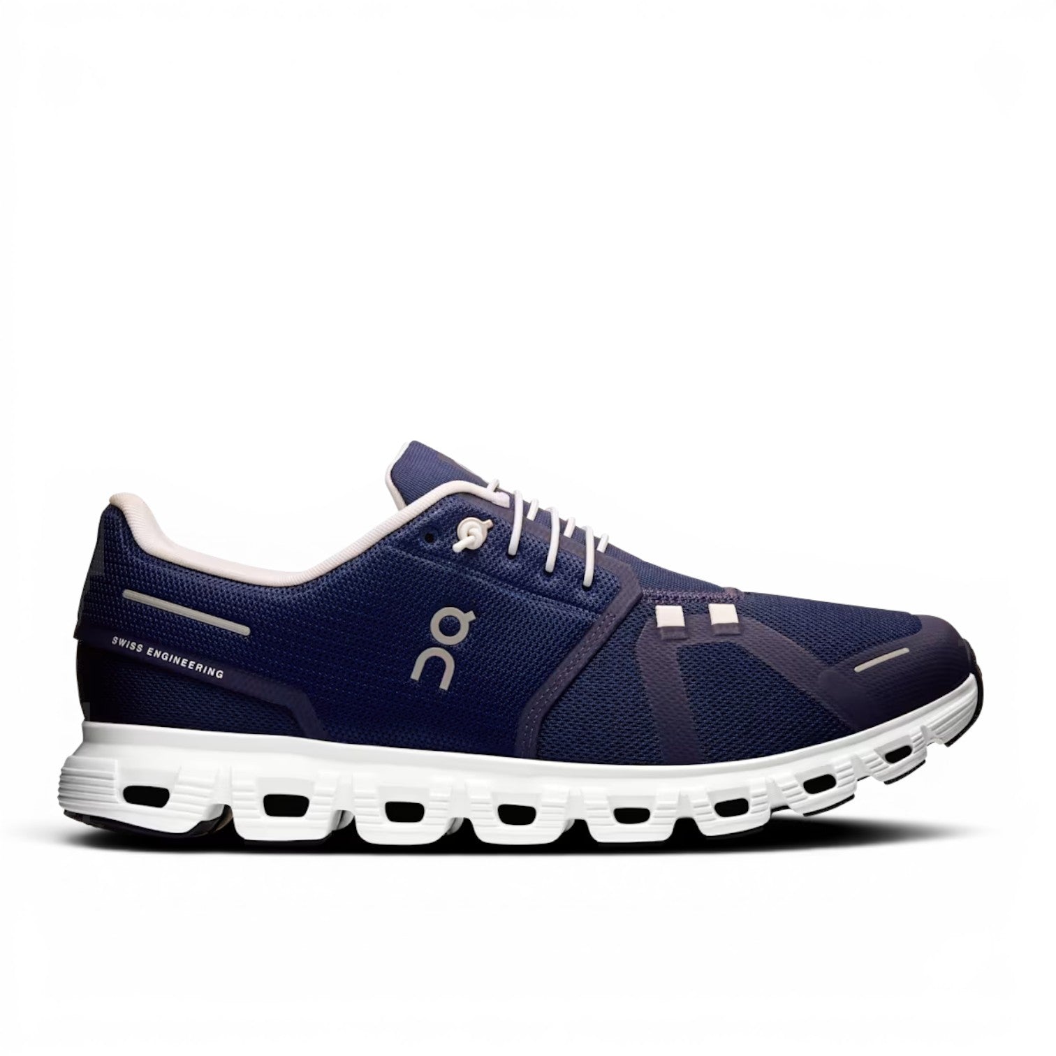 ShoeShop ON Cloud 6 navy blue recycled polyester running shoe with white laces and white CloudTec sole.