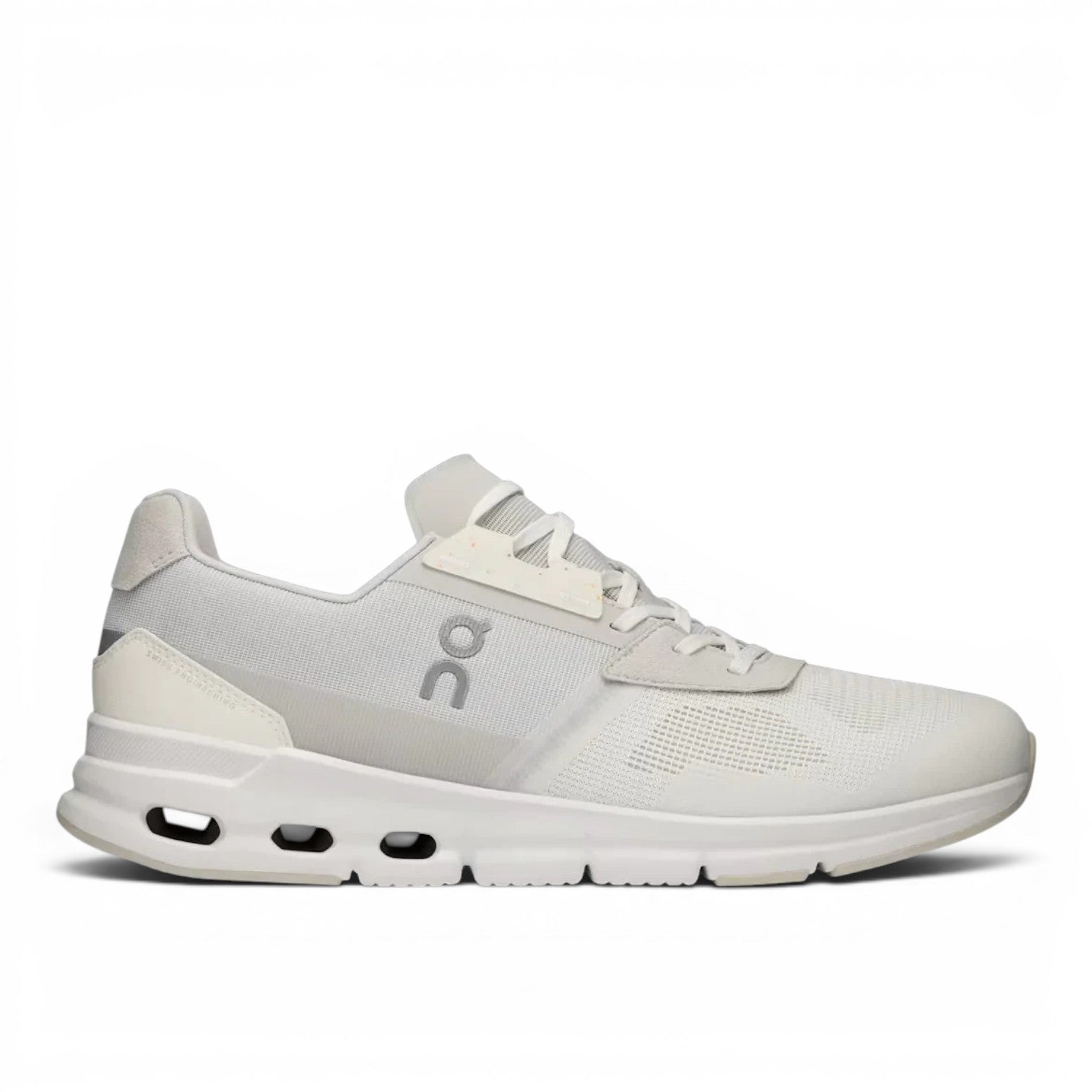 ShoeShop ON Cloudrift men's white mesh sneakers with grey logo and white sole. Designed for urban wear.