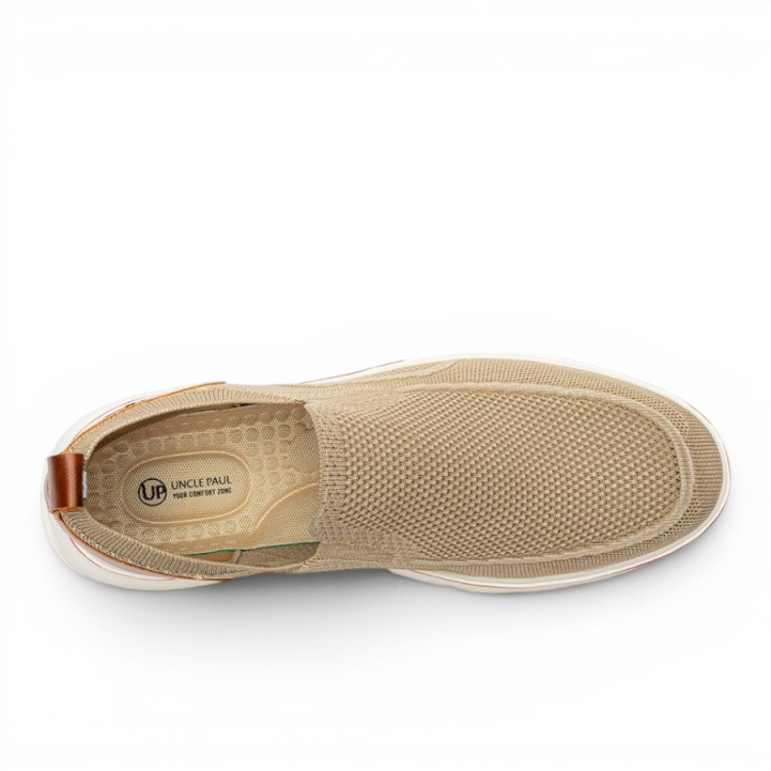 ShoeShop Uncle Paul JUSS beige knit slip-on shoes with brown leather heel tab and cushioned insole.