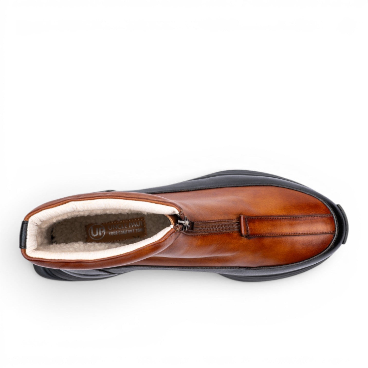 ShoeShop Uncle Paul Linda brown leather boots with sherpa lining and front zipper. Contrast black sole.
