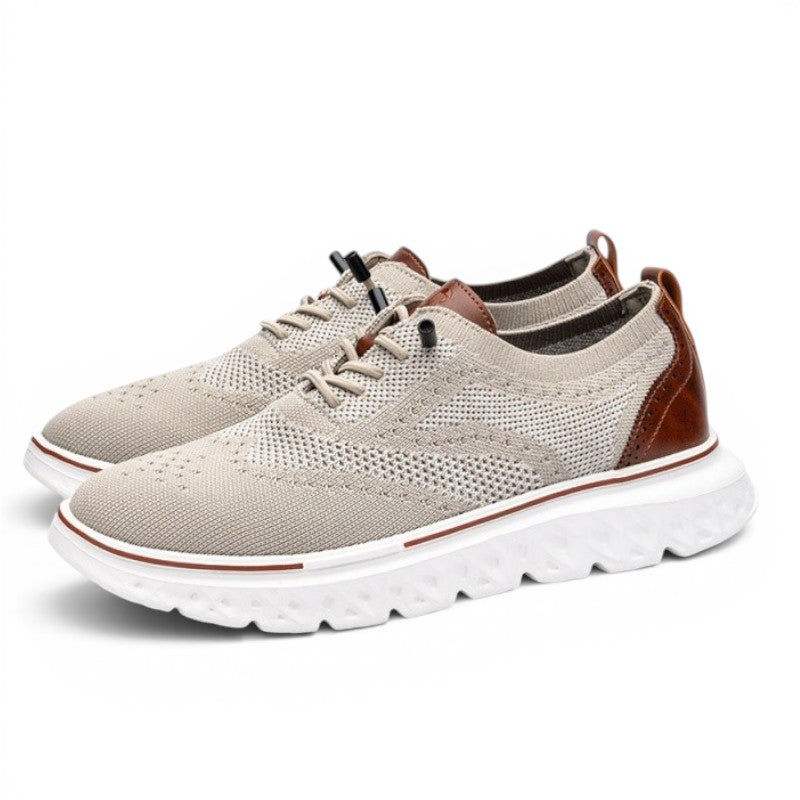 ShoeShopHere Uncle Paul JUHAN-1 beige knit sneakers with brown leather accents and white soles.