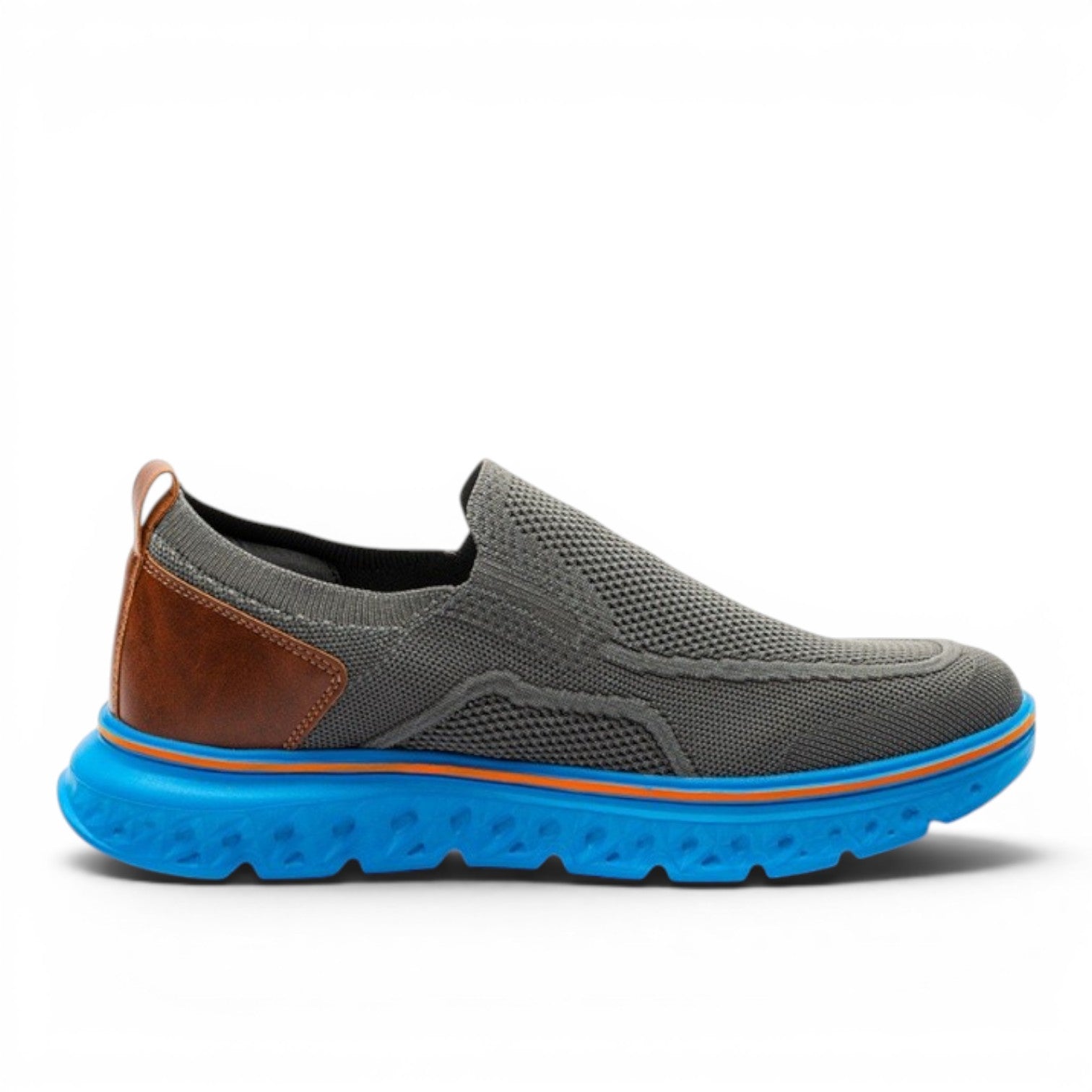 ShoeShop Uncle Paul JUSS grey knit slip-on sneakers with brown leather heel accent and blue sole.