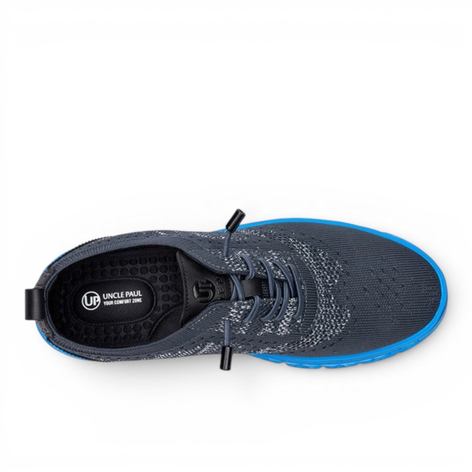 ShoeShopHere Uncle Paul JUHAN-1 men's dark grey knit sneakers with blue sole and elastic laces.